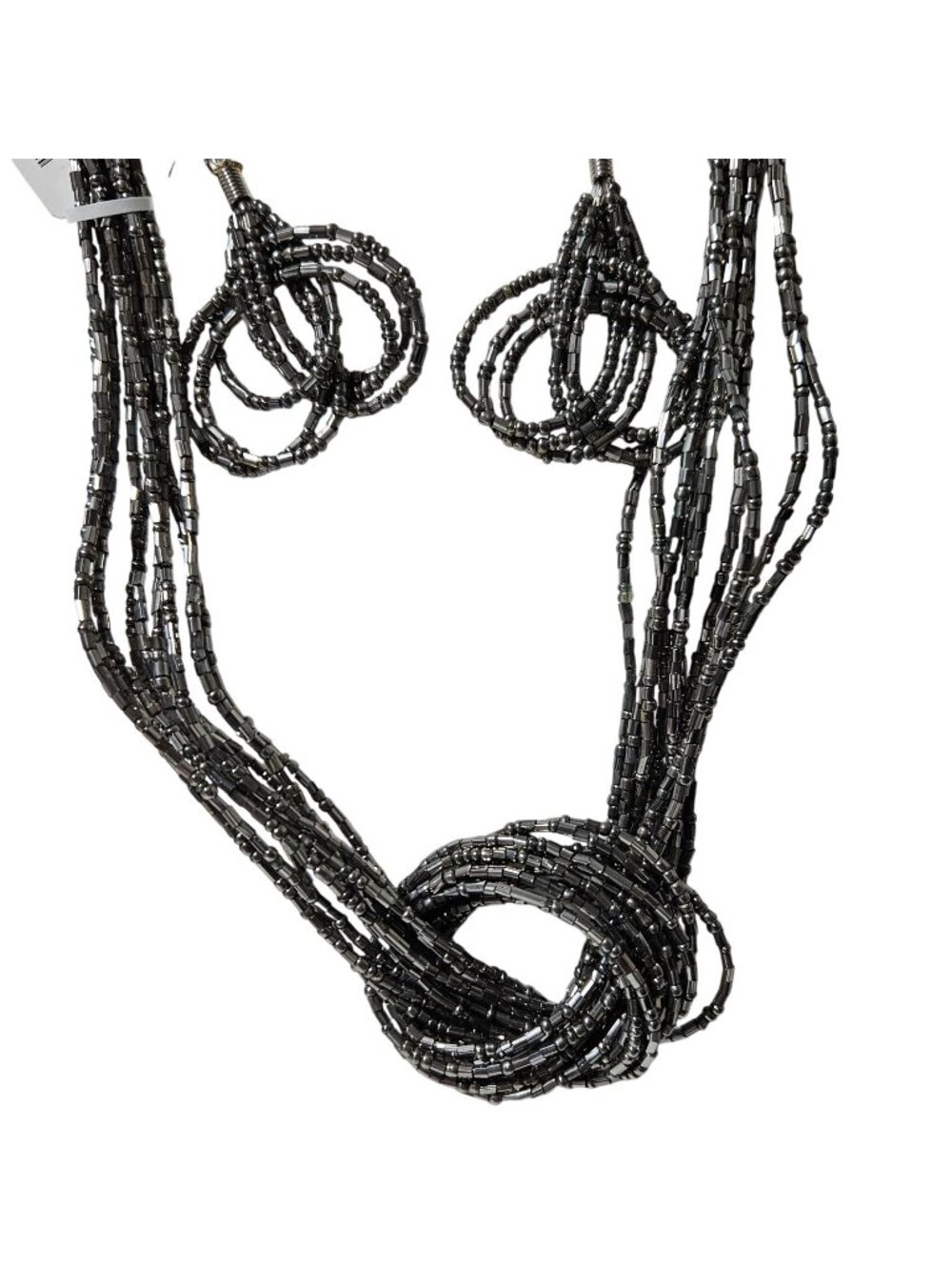 Handcrafted Necklace Earrings Set Silver Seed Bead Looped Knot Fashion Jewelry